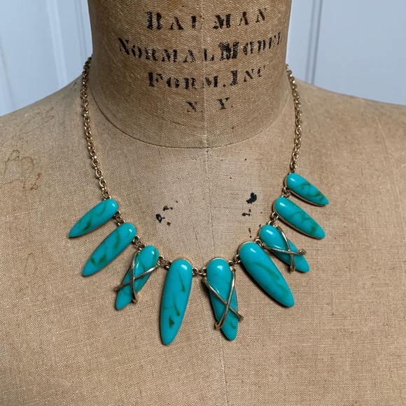 TEAL AND GOLD TONE RETRO REPRO STATEMENT BIB NECKLACE BY SUGARFIX FOR BAUBLE BAR - Picture 2 of 5